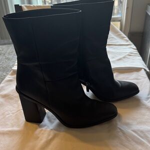 Vince Camuto Black Leather Mid-Calf Block Heel Boots